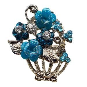 Flower Basket Ring Silver Tone Blue Turquoise Teal Rhinestones Adjustable Chunky